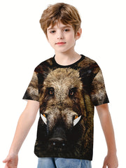 Wild Boar 3D Print Kids T-shirt Boys Summer Sports Lightweight Tee