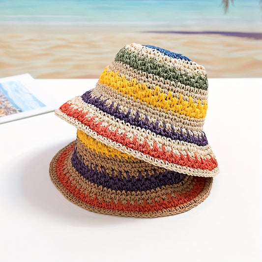 Girls' Straw Beach Bucket Hat Sun Protection Big Brim, Summer
