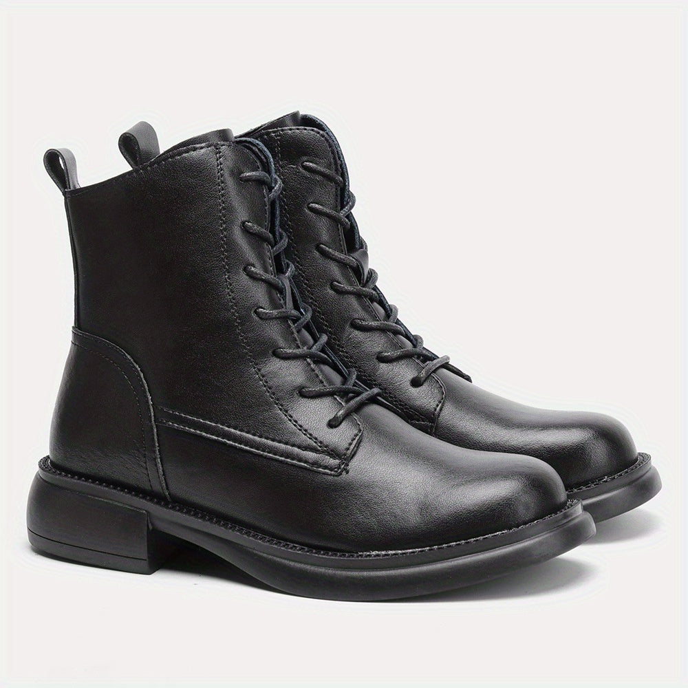 Women's Lace Up Combat Boots Chunky Heel Side Zip Plush Lined
