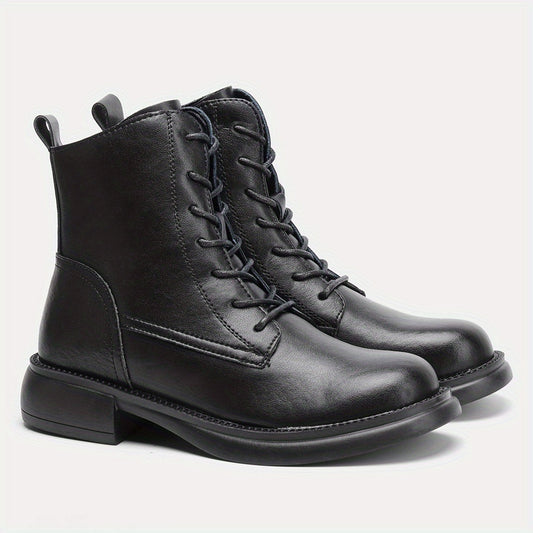 Women's Lace Up Combat Boots Chunky Heel Side Zip Plush Lined