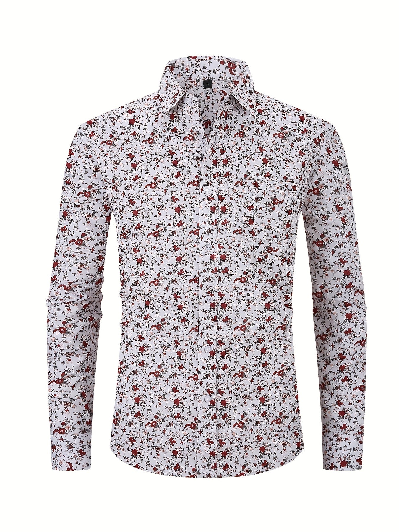 Men's Flower Print Formal Button Up Shirt with Chest Pocket