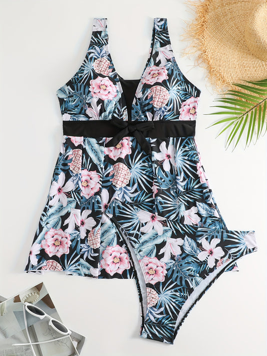  Boho Tankini Set Tropical Print Swimsuit Two Piece