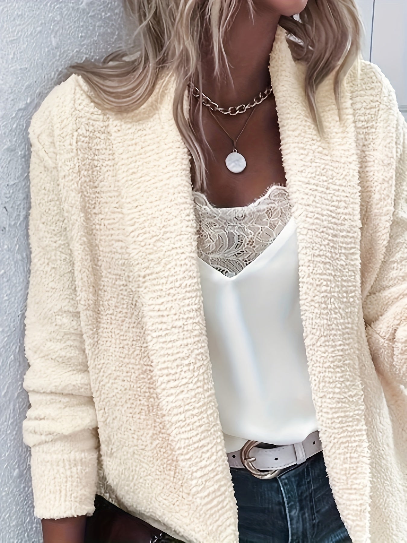  Solid Eyelash Long Sleeve Cardigan