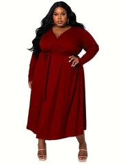 Plus Size Solid Ribbed Long Sleeve Maxi Dress With Belt