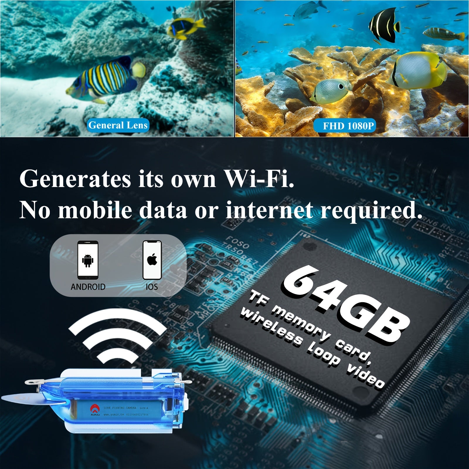 1080P Wi Fi Underwater Fishing Camera 64GB TF Card Rechargeable