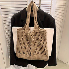 Solid Crochet Bag Hollow Out Knitted Tote Bag