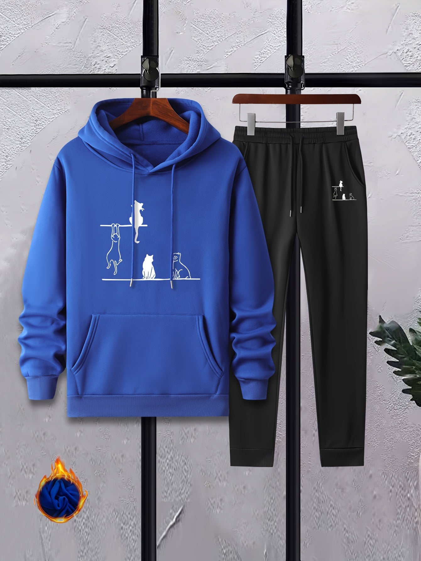 Men's Cats Print 2Pcs Outfits: T Shirt & Hooded Sweatshirt Set