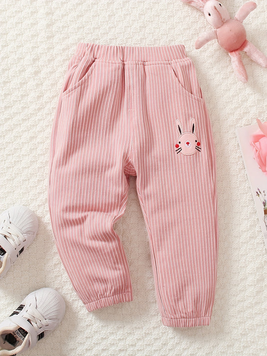 Girls Rabbit Patch Trousers with Stripes Embroidery for Casual Outfit
