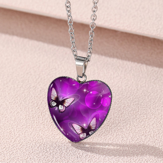 Butterfly Pattern Drop Necklace With Heart Shape Glass Pendant Neck Chain