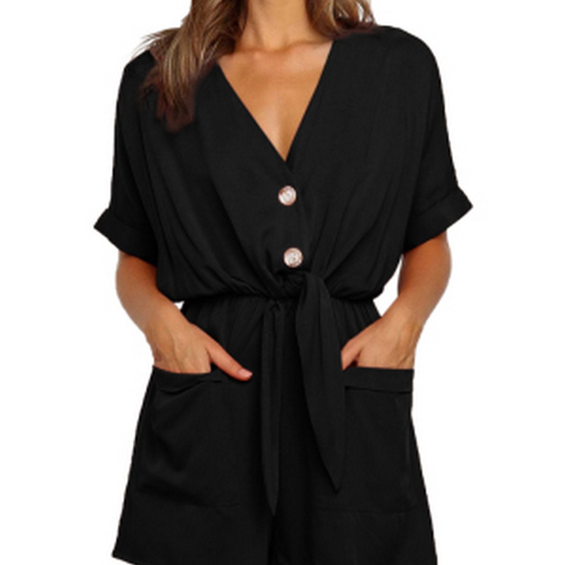 Women's V Neck Button Rompers Knot Tie Short Sleeve Jumpsuit