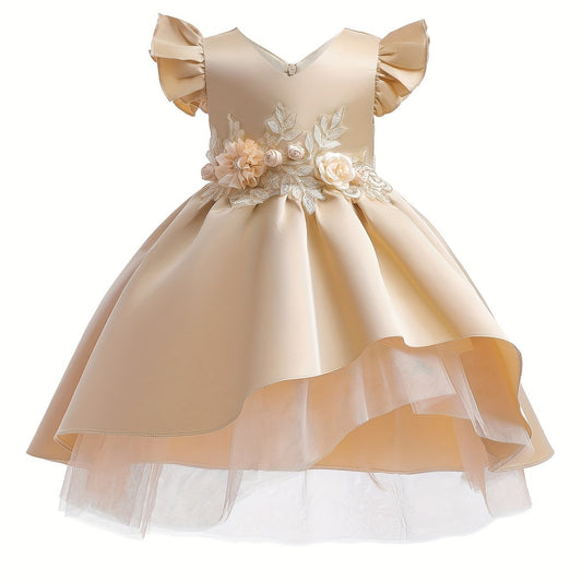 Toddler Girls Ruffle Trim Princess Dress Gown Three dimensional Flowers Embroide