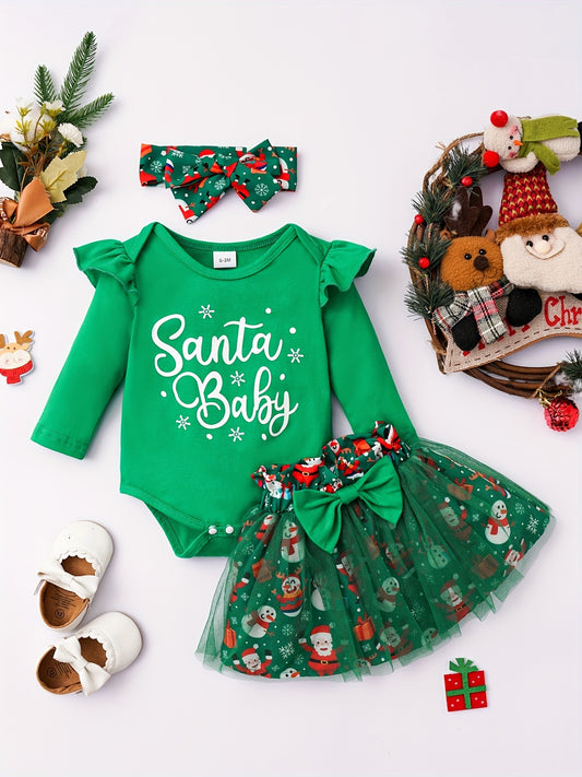 Baby Girls Christmas Outfit Long Sleeve Romper & Snowman Tulle Dress Set