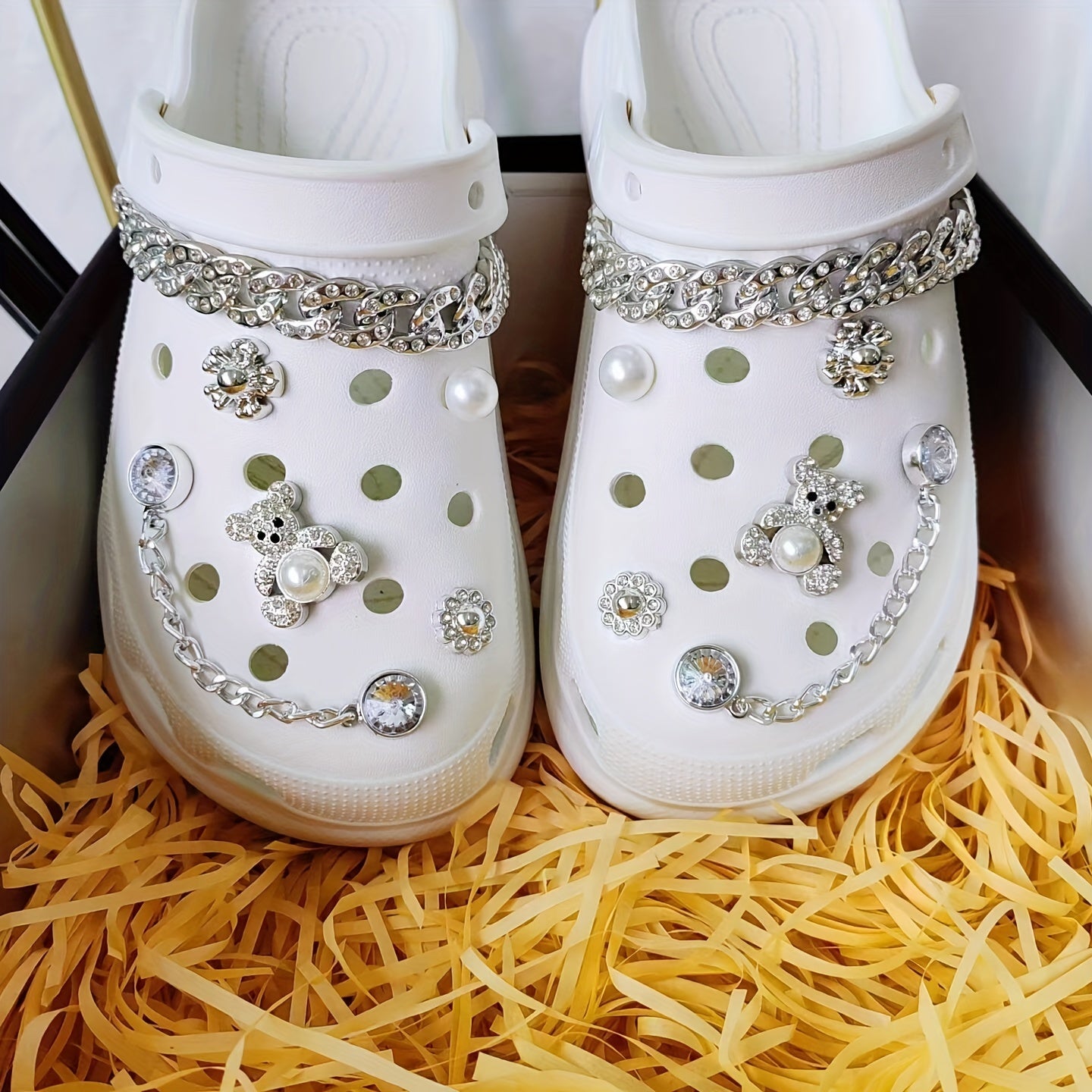 12pcs Hole Shoes Decoration Set Silver Bear Heart Rhinestone Chain