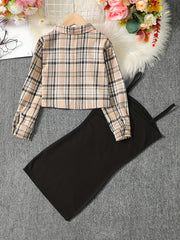2pcs Girls' Cami Dress Plaid Crop Jacket Set