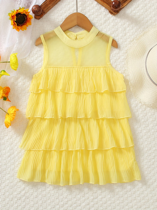 Girls Mesh Neck Layered Stitching Tank Dress For Summer