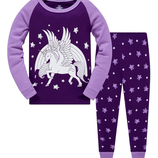 Girls Unicorn Glowing Purple Pajamas Set