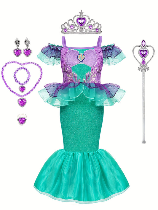 Girls Mermaid Princess Dress Set with Gloves, Crown and Jewelry