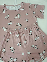 Floral Print Pajamas Set Short Sleeve Crew Neck Top & Shorts & Pants