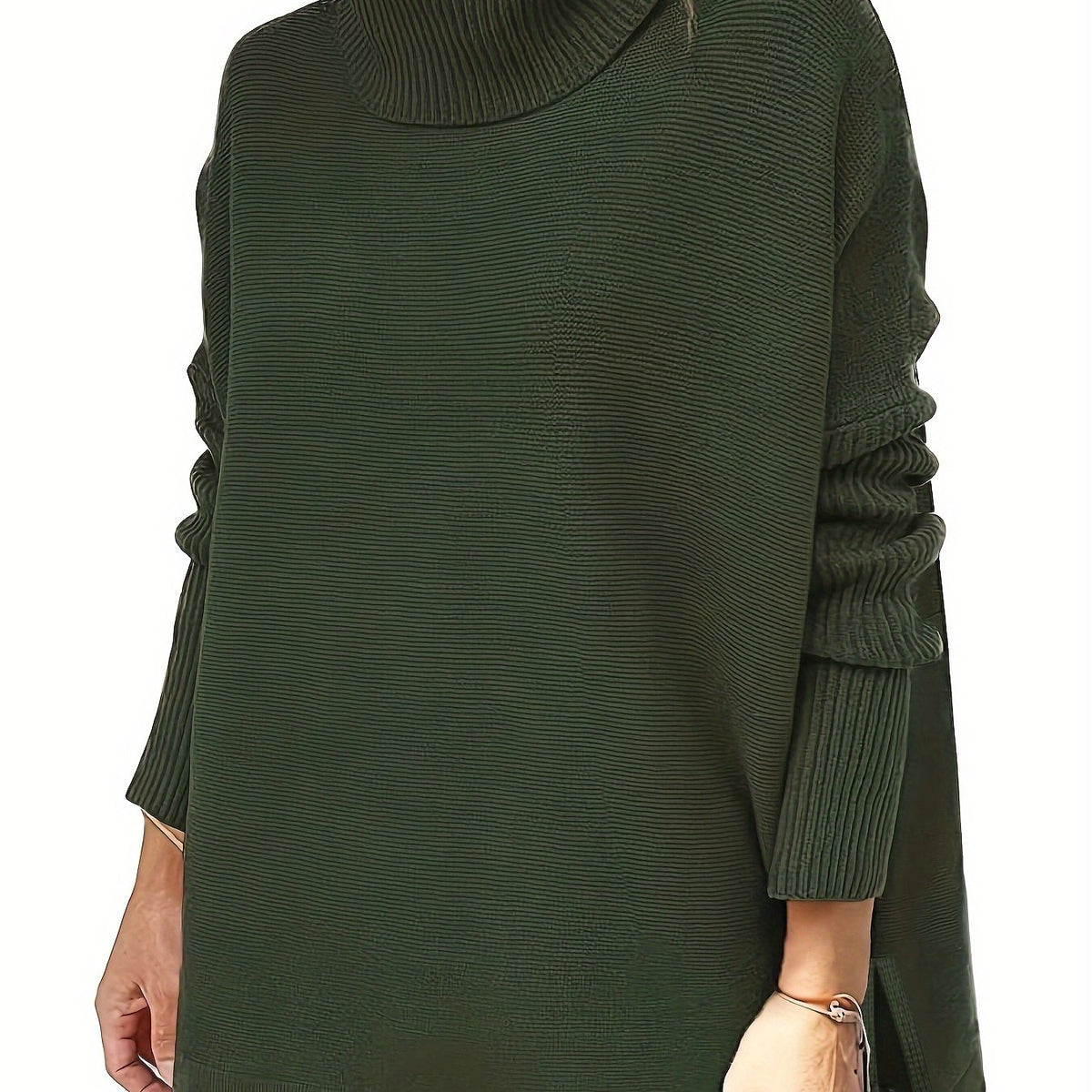  Solid Batwing Sleeve High Neck Sweater