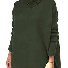  Solid Batwing Sleeve High Neck Sweater