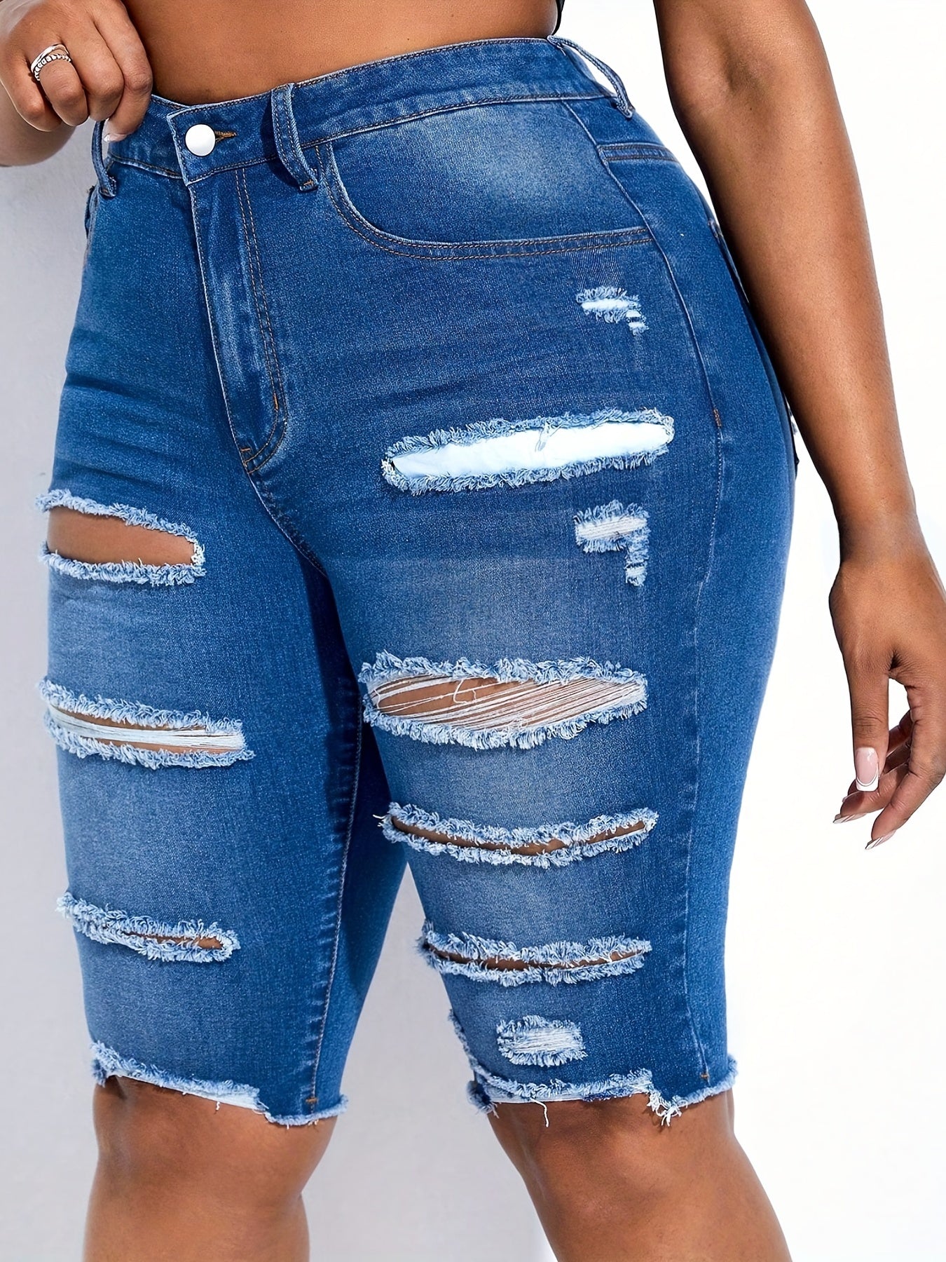  Solid Ripped Fringe Trim Skinny Denim Shorts