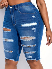  Solid Ripped Fringe Trim Skinny Denim Shorts