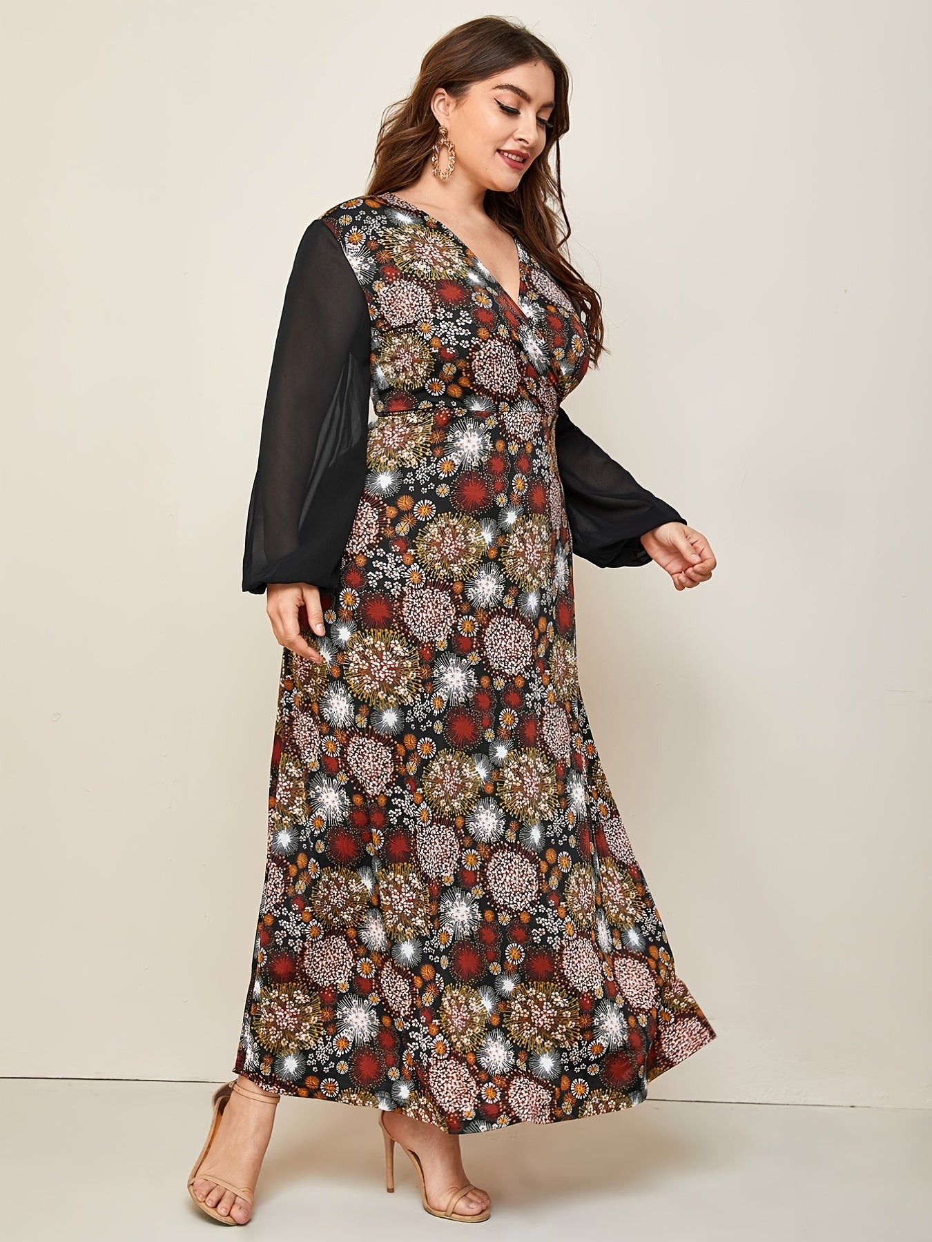  Mesh Floral Print Long Sleeve Maxi Dress Women's Boho Long Dress