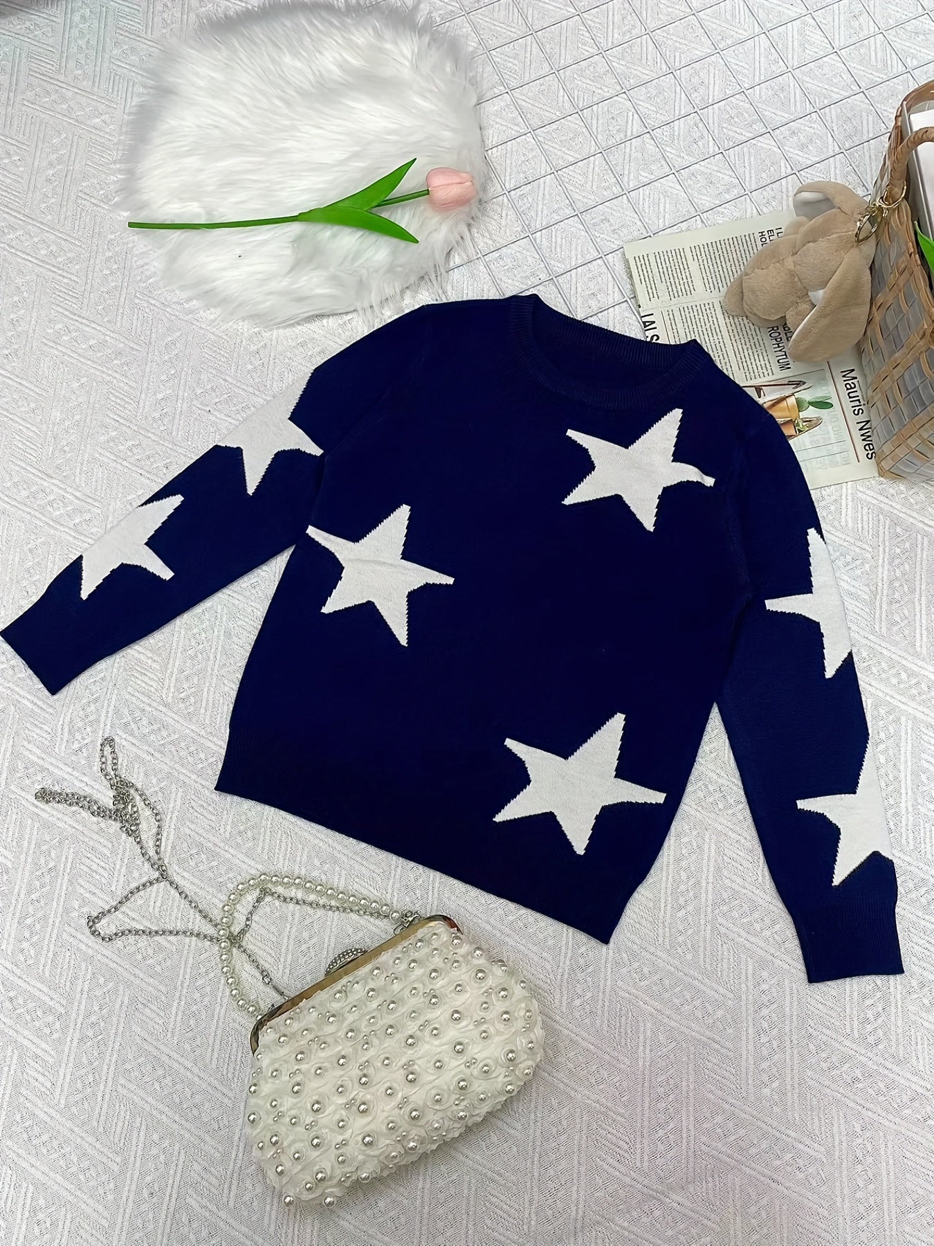 Girl Star Print Sweater Knit Pullover Casual Comfortable Kids Clothes