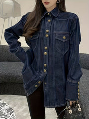 Dark Lapel Denim Jackets Long Sleeves Button Closure Loose Fit