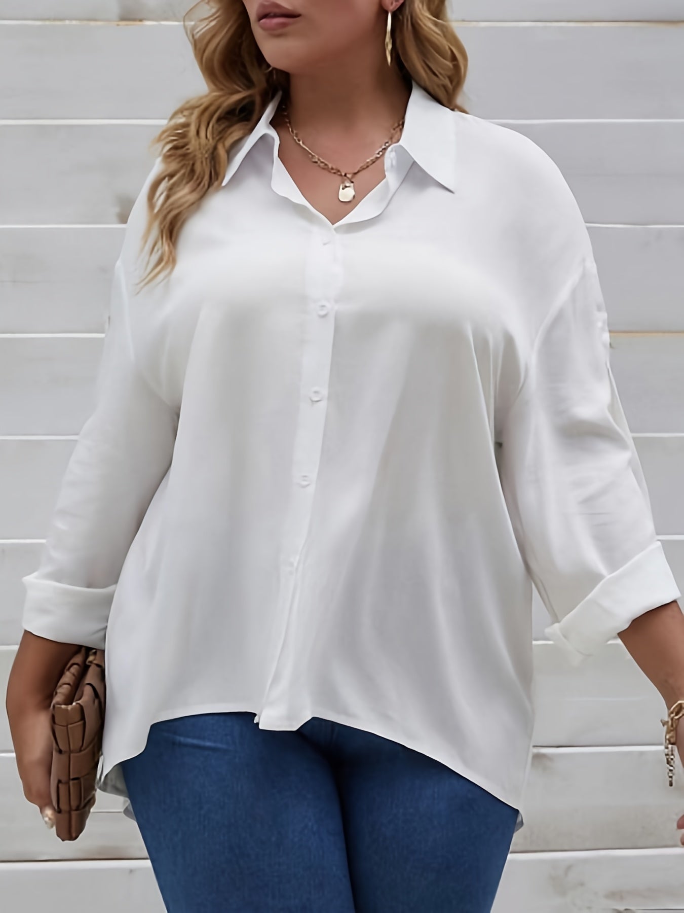  Basic Blouse Women's Plus Plain Turn Down Collar Button Up Shirt