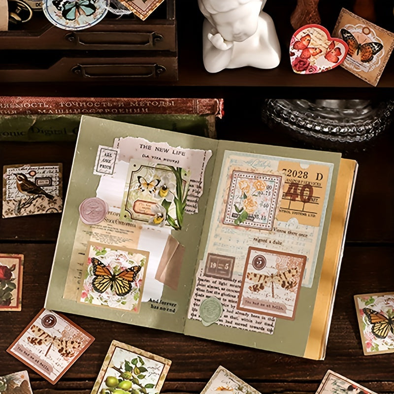 46pcs Vintage Butterfly Flower Decorative Stickers DIY Material Boxed Stickers