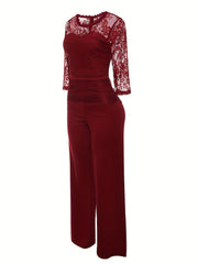 Half Sleeve Wide Leg Lace Stitching Jumpsuit Women's Clothing
