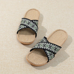 Geometric Pattern Linen Slides Crisscross Strap Open Toe Flat Shoes