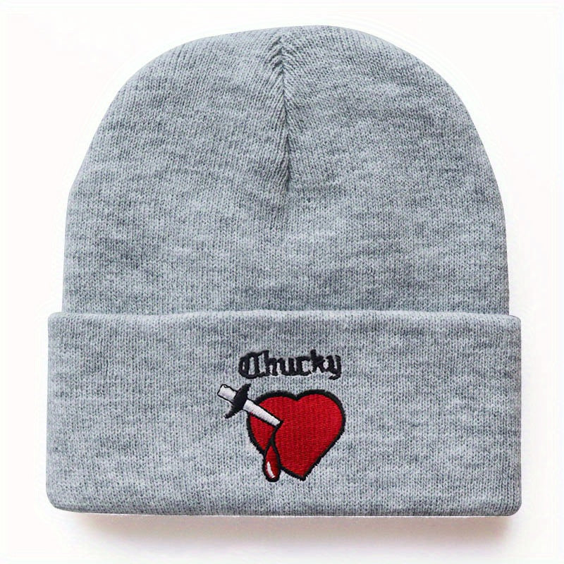 Heart Embroidery Unisex Couple Beanie Solid Knit Hat Elastic Windproof