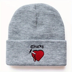 Heart Embroidery Unisex Couple Beanie Solid Knit Hat Elastic Windproof