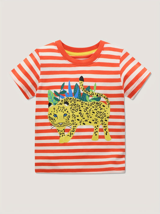 Leopard Print Boy's Striped Crew Neck Short Sleeve T-shirt