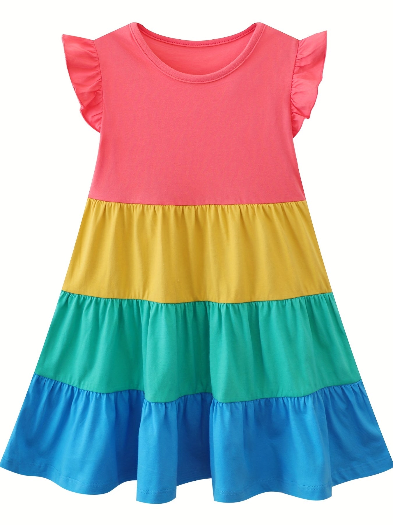 Girls Ruffled Sleeves Crew Neck Block Cotton Loose Dress