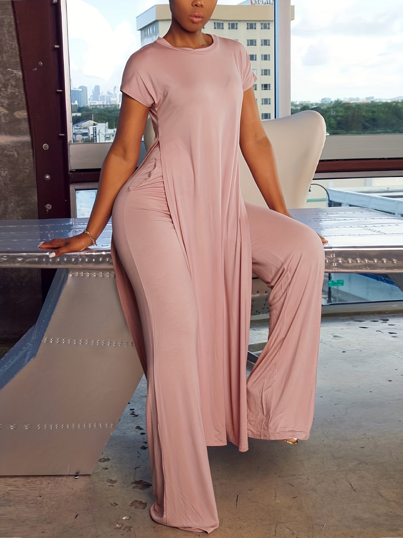 Casual Matching Two piece Set Split T shirt & Wide Leg Pants Outfits