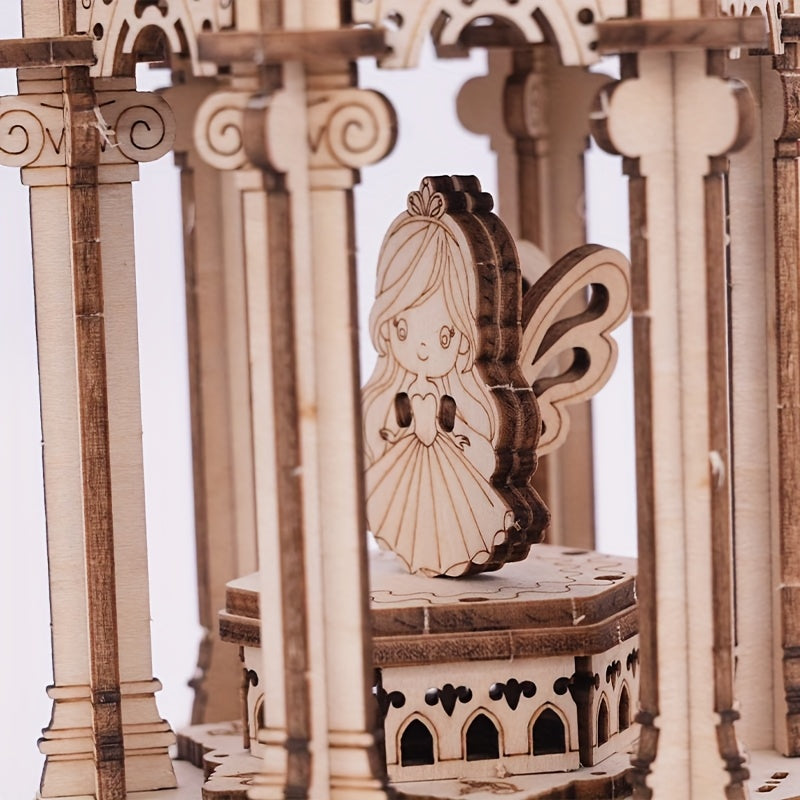 Natural Wood 3D Puzzle Music Box Handcrafted DIY Rotating Fairy Beige