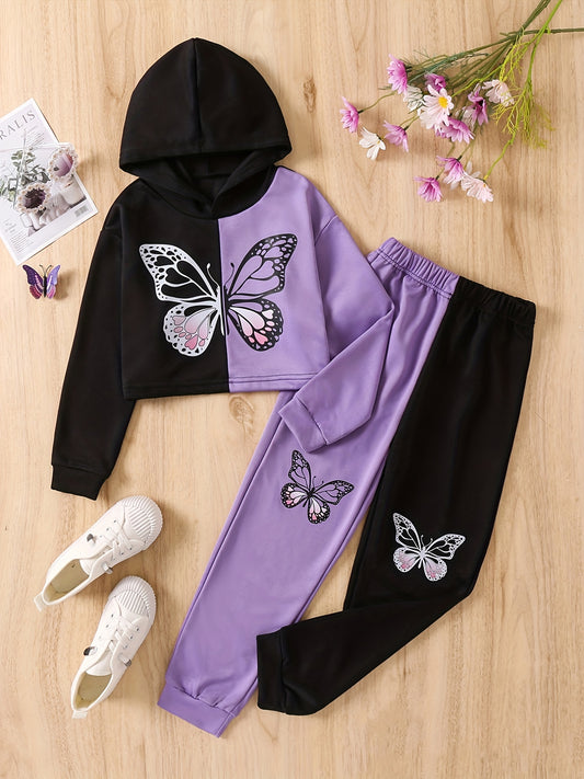 2 Girls Butterfly Print Crop Hoodie Sweatshirt & Pants Set