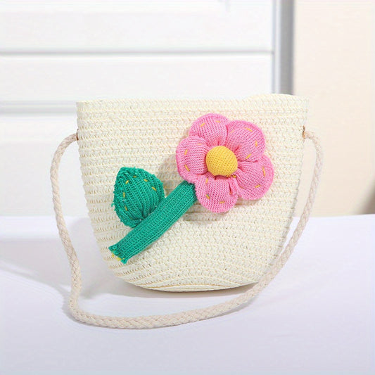 Kids Flower Decor Coin Purse Straw Woven Crossbody Bag