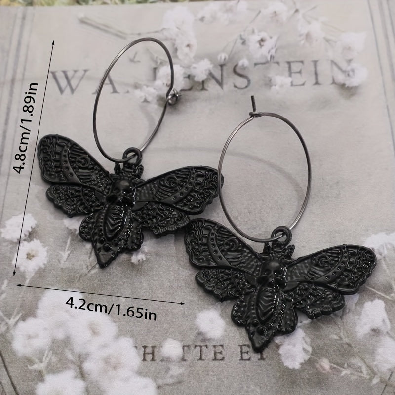 Vintage Goth Moth Skull Dangle Earrings Retro Style