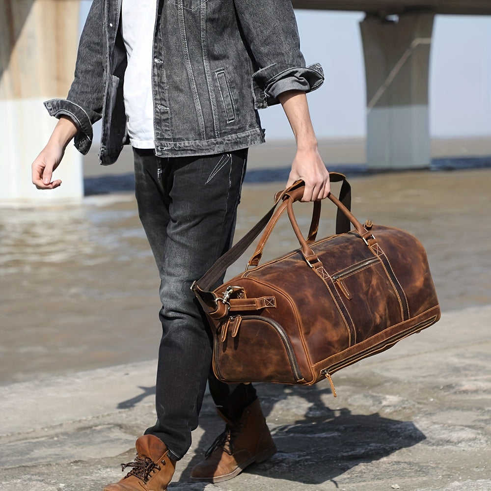 Large Capacity Leather Travel Duffel Bag Crazy Horse Leather Weekender For Men