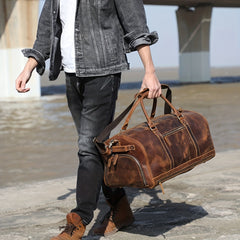 Large Capacity Leather Travel Duffel Bag Crazy Horse Leather Weekender For Men
