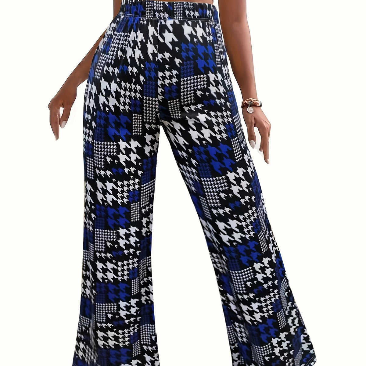 Plus Houndstooth Print High Rise Wide Leg Trousers