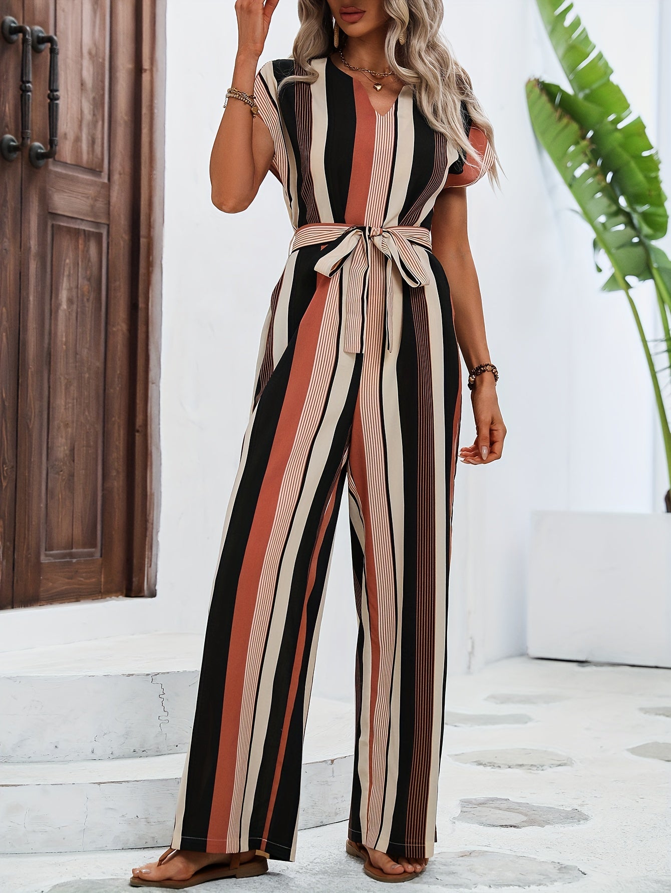 Striped Print Belted Jumpsuit Cap Sleeve For Spring & Summer