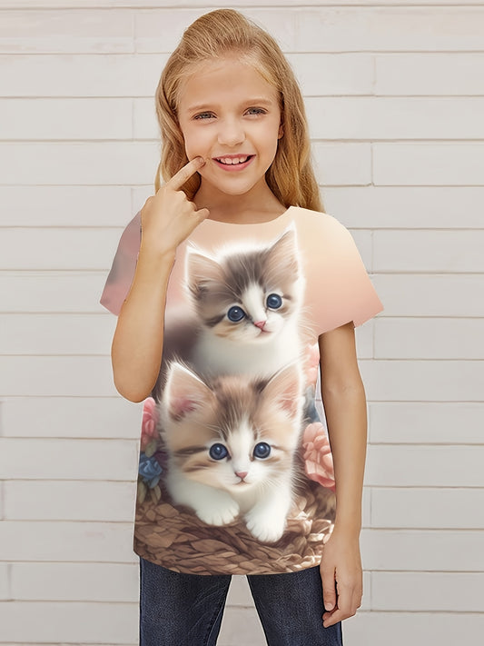 Breathable Cat Graphic T-shirt For Girls Summer Gift Sports