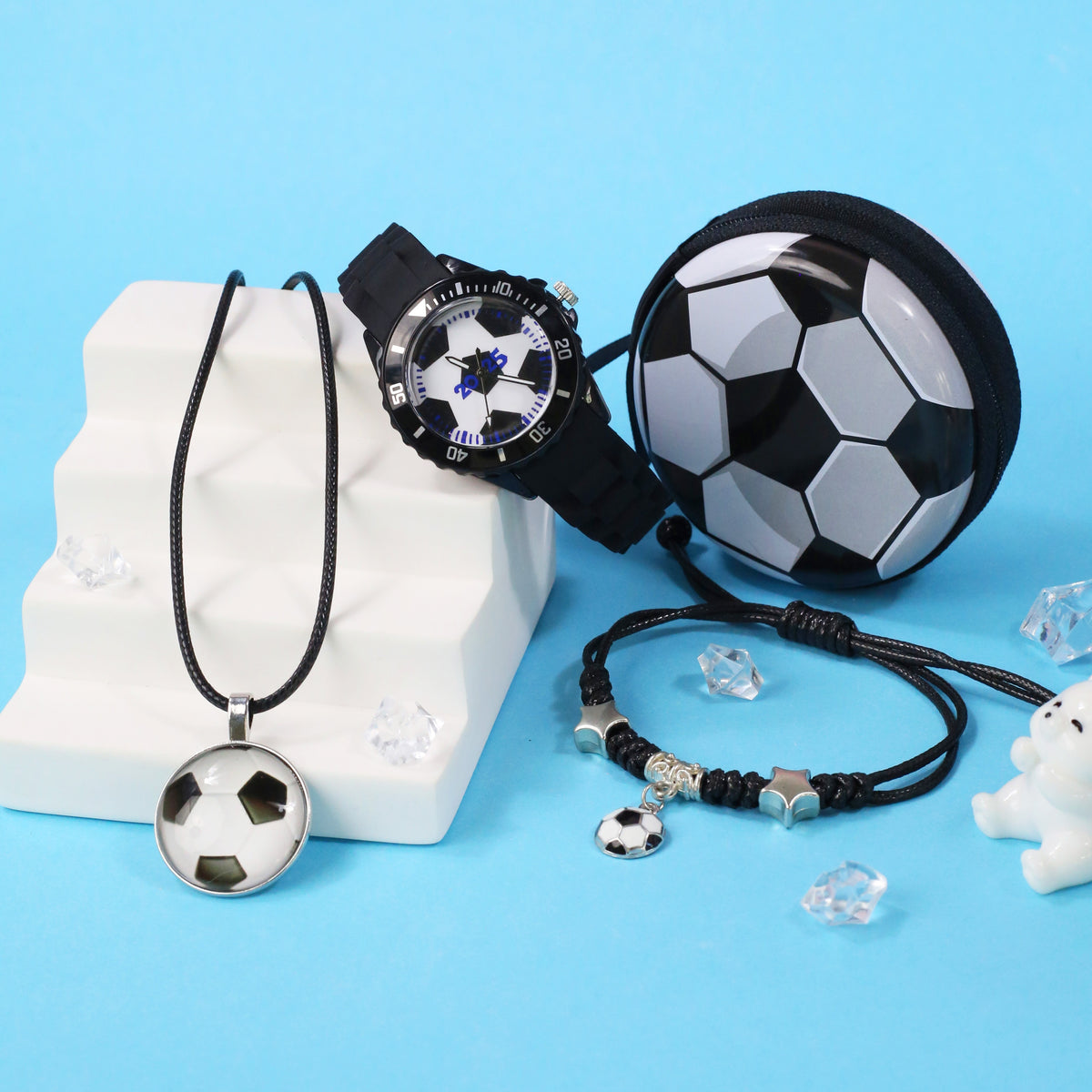 4pcs Football Themed Quartz Watch Set Soccer Necklace Coin Wallet