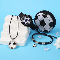 4pcs Football Themed Quartz Watch Set Soccer Necklace Coin Wallet