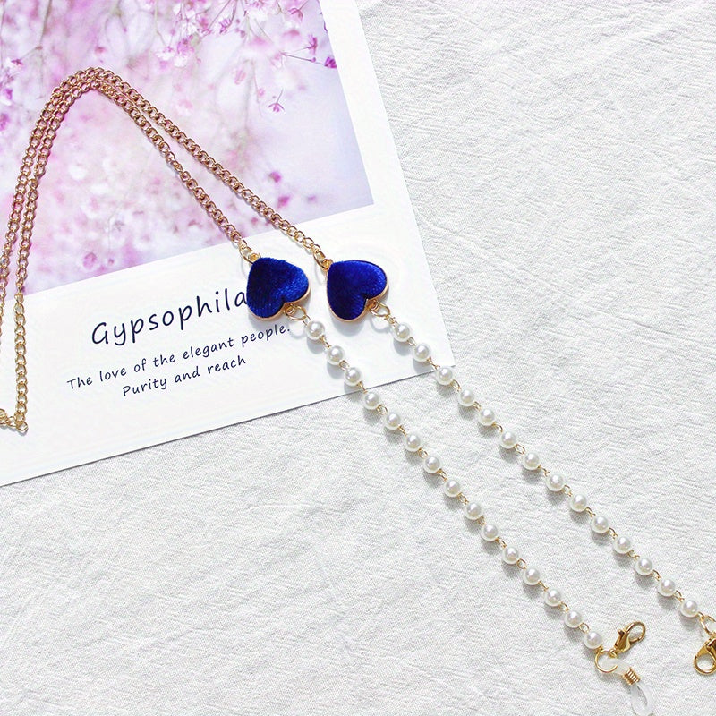 Velvet Double Heart Pendant Mask Chain with Faux Pearl Detail